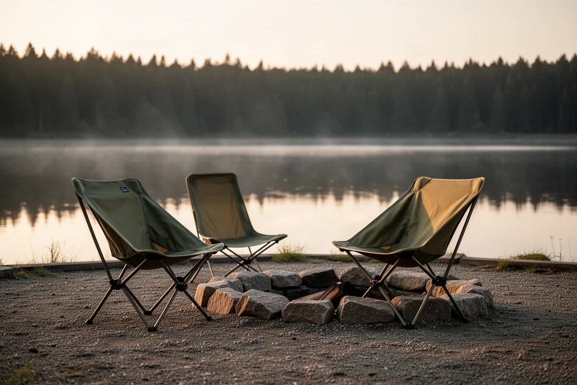 Low camp chairs arranged around a fire ring at a lakeside campsite in evening light