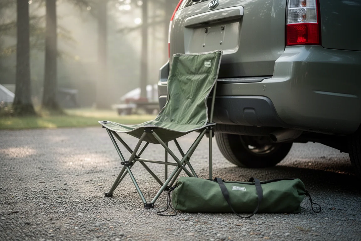 Folded camp chair leaning against a car bumper next to its open carry bag