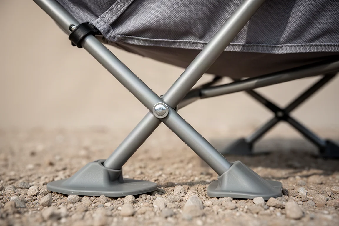 Close-up of camp chair frame joint with rivet and wide flat foot on gravel