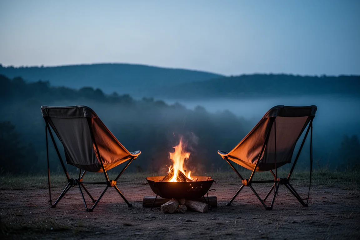 Two low camp chairs facing a fire pit at dusk on a quiet campsite