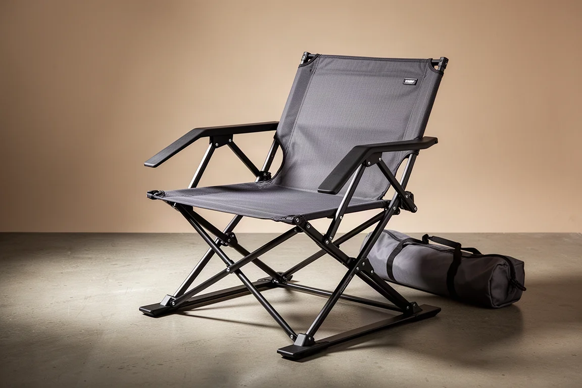 Low folding camp chair with grey mesh seat and black X-frame on a concrete surface