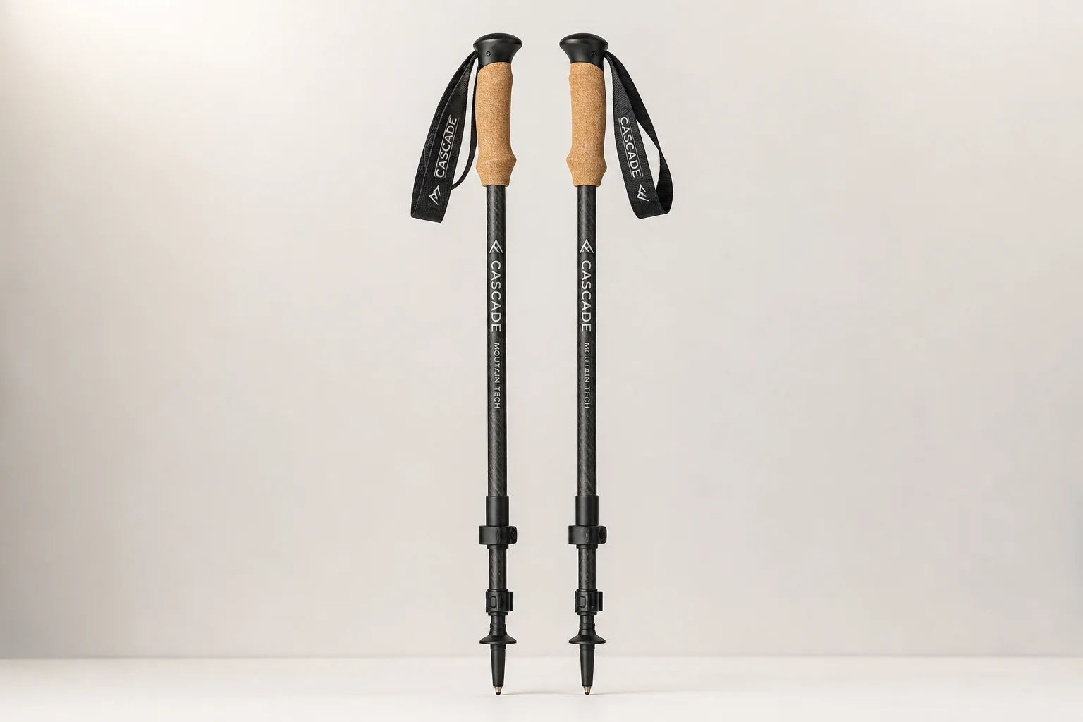 Five trekking poles in different styles arranged on concrete surface
