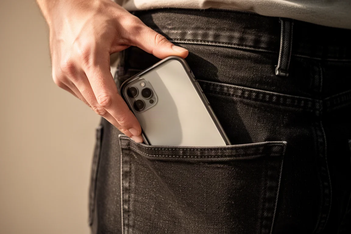 Slankt iPhone-skal som dras ner i en jeansficka