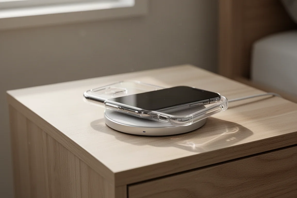 Telefon med transparent skal på en trådlös laddningsplatta