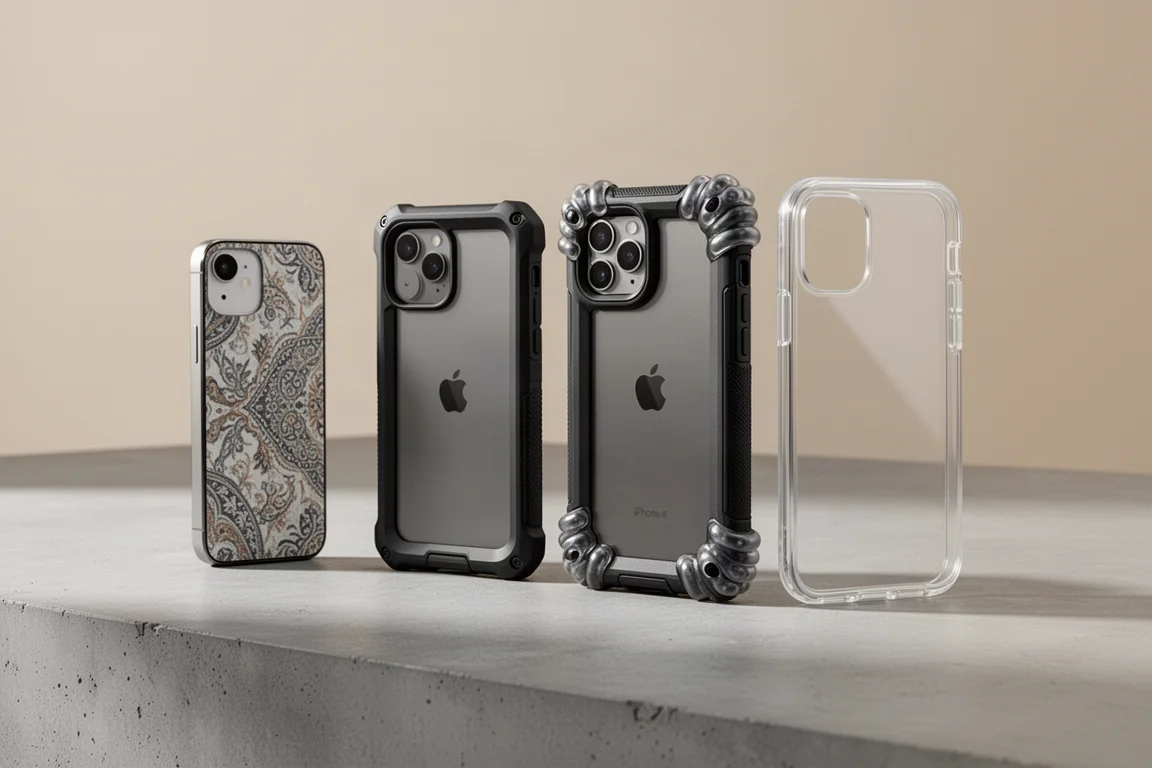Vier iPhone-Hüllen von schlank bis robust auf einer Betonoberfläche arrangiert