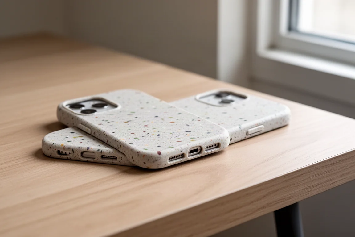 Gesprenkelte Phone-Hülle auf einem Oberflächenrecycling-Material im Tageslicht