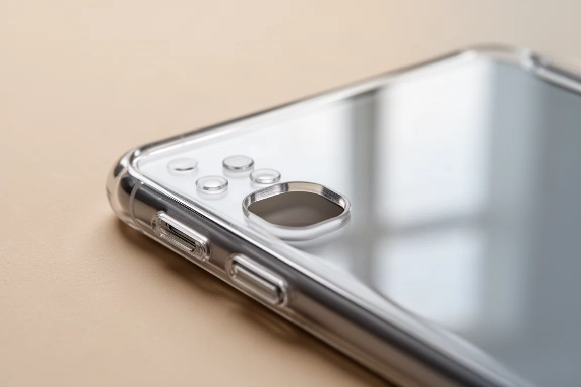 Nahaufnahme erhöhter Hüllen-Tasten und Aussparungen an einer Phone-Hülle