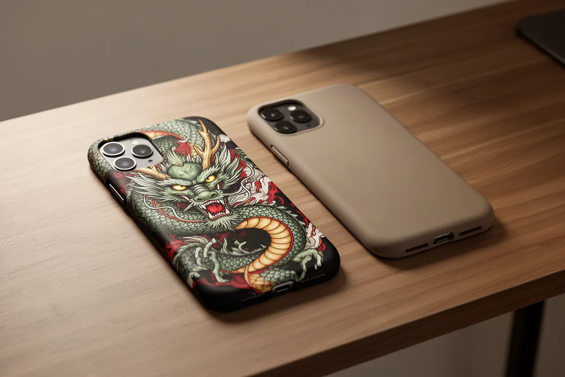 Individuell gestaltete Phone-Hülle mit Drachen-Motiv auf einem Schreibtisch neben einem Handy