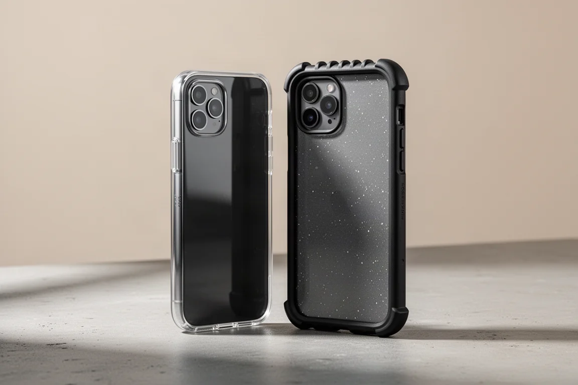 Slim clear phone case and bulkier case with corner bumpers side by side on concrete