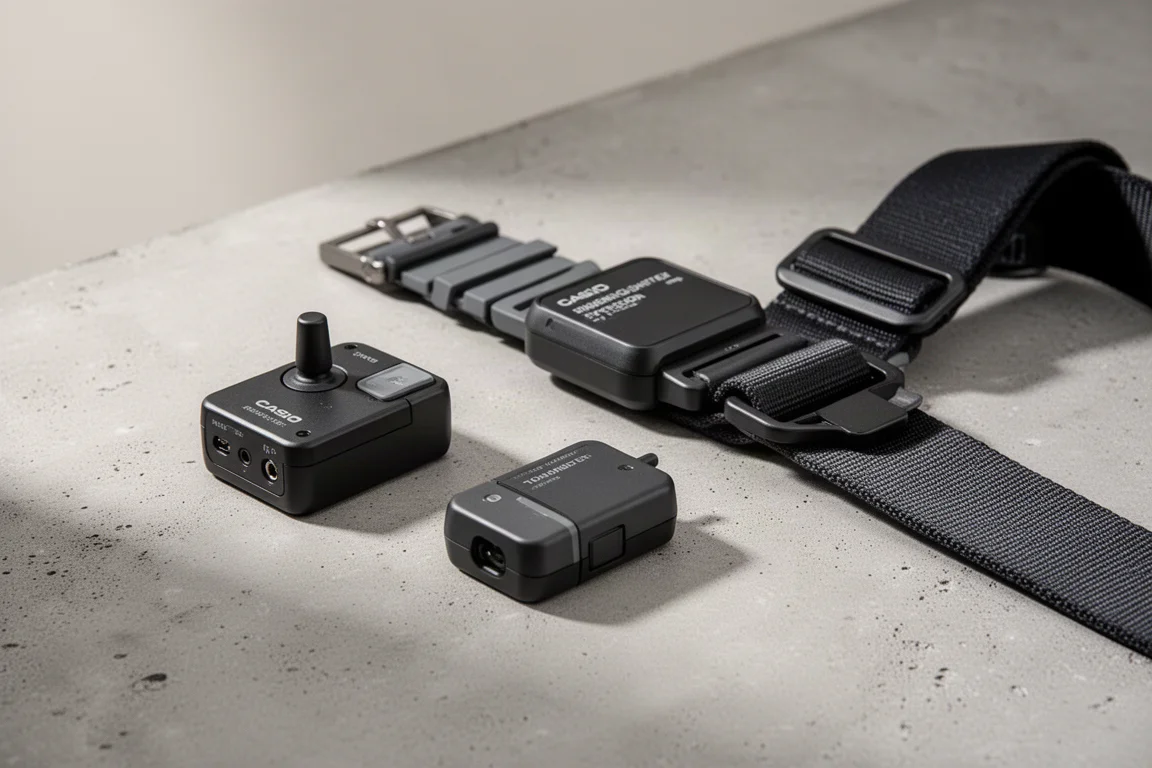 Casio Dimension Shifter Expression Strap 系統，接收器與發射器置於水泥地面上