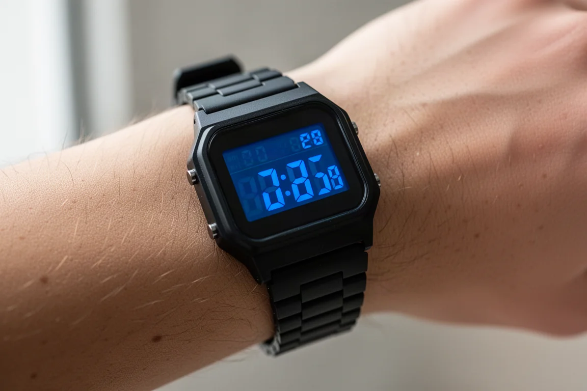 Casio F-91W 數位腕錶戴在手腕上的特寫,顯示藍色 LCD 螢幕