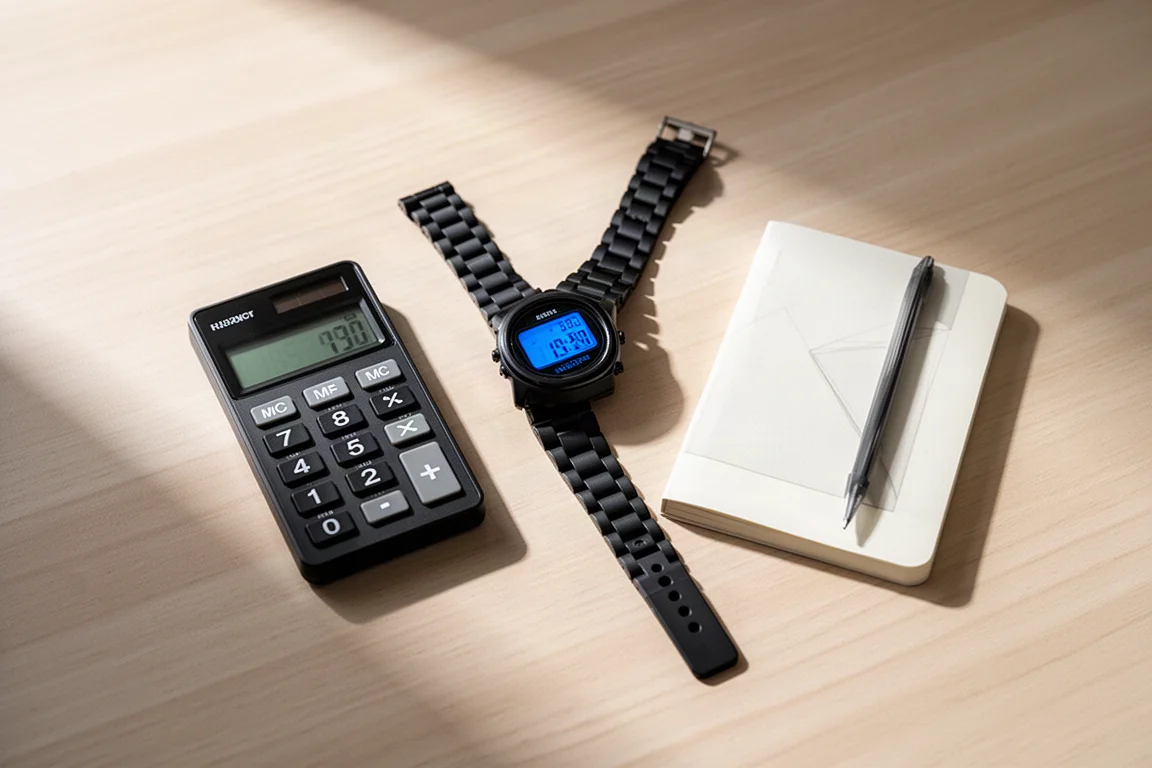 Casio F-91W 腕錶與計算機、筆記本平鋪在桌上的俯視圖