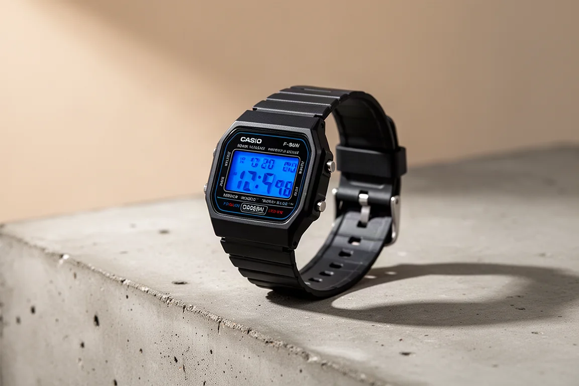 Casio F-91W 數位腕錶，黑色樹脂錶殼搭配藍色 LCD 顯示幕，置於水泥地面上