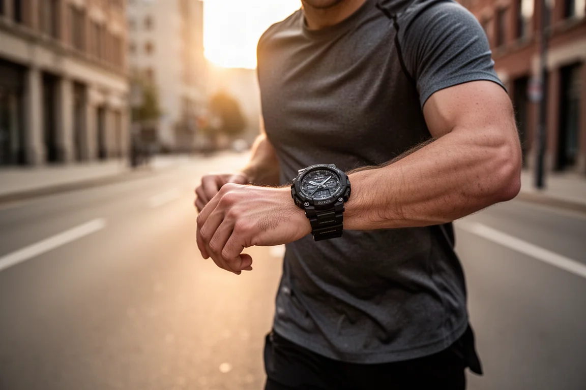 Läufer prüft eine robuste Sportuhr auf einer sonnigen Stadtstraße