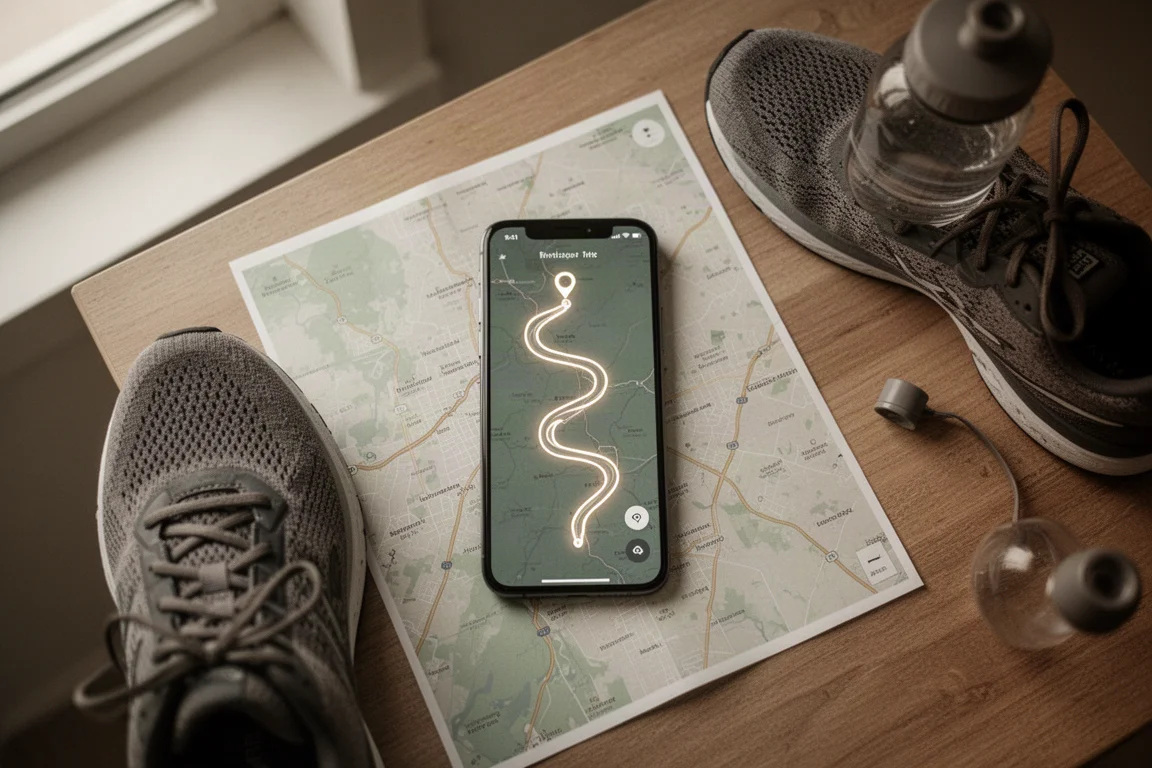 GPS-Track überlagert mit einer geschlängelten Trailroute in der Dämmerung