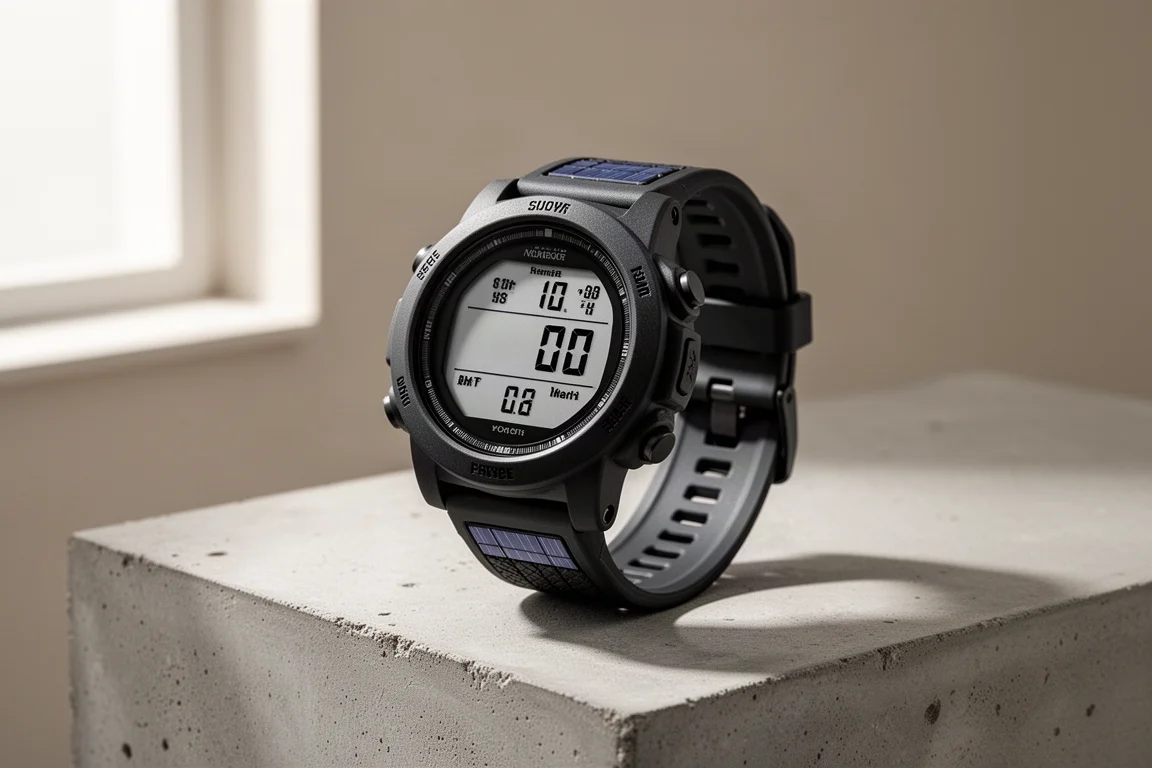 Rugged black G-Shock style sports watch on a matte concrete surface