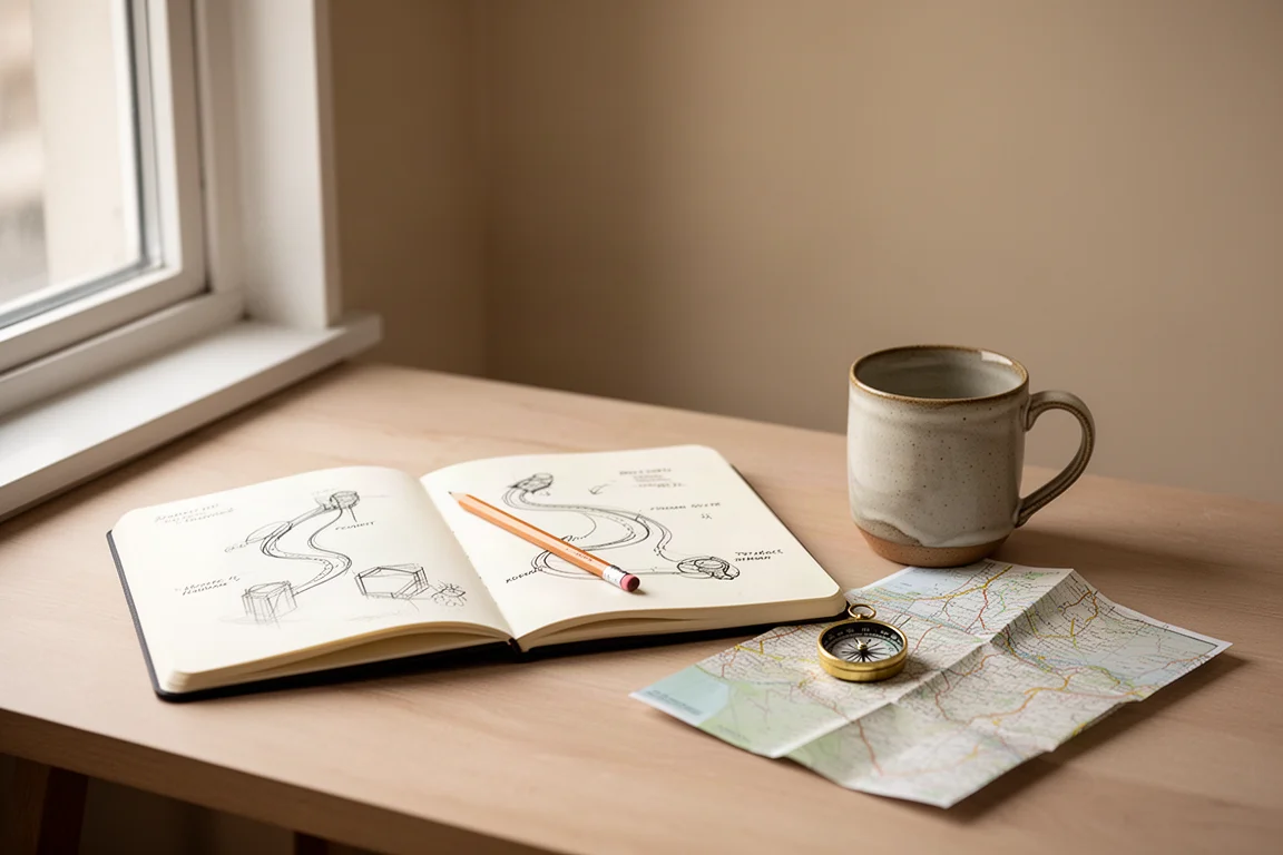 Scrivania vicino a una finestra con un taccuino aperto, una mappa piegata, una piccola bussola e una tazza in gres