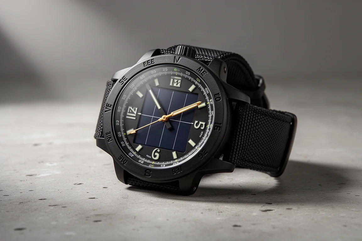 Rugged black outdoor wristwatch with compass bezel and gold indicator hand on concrete