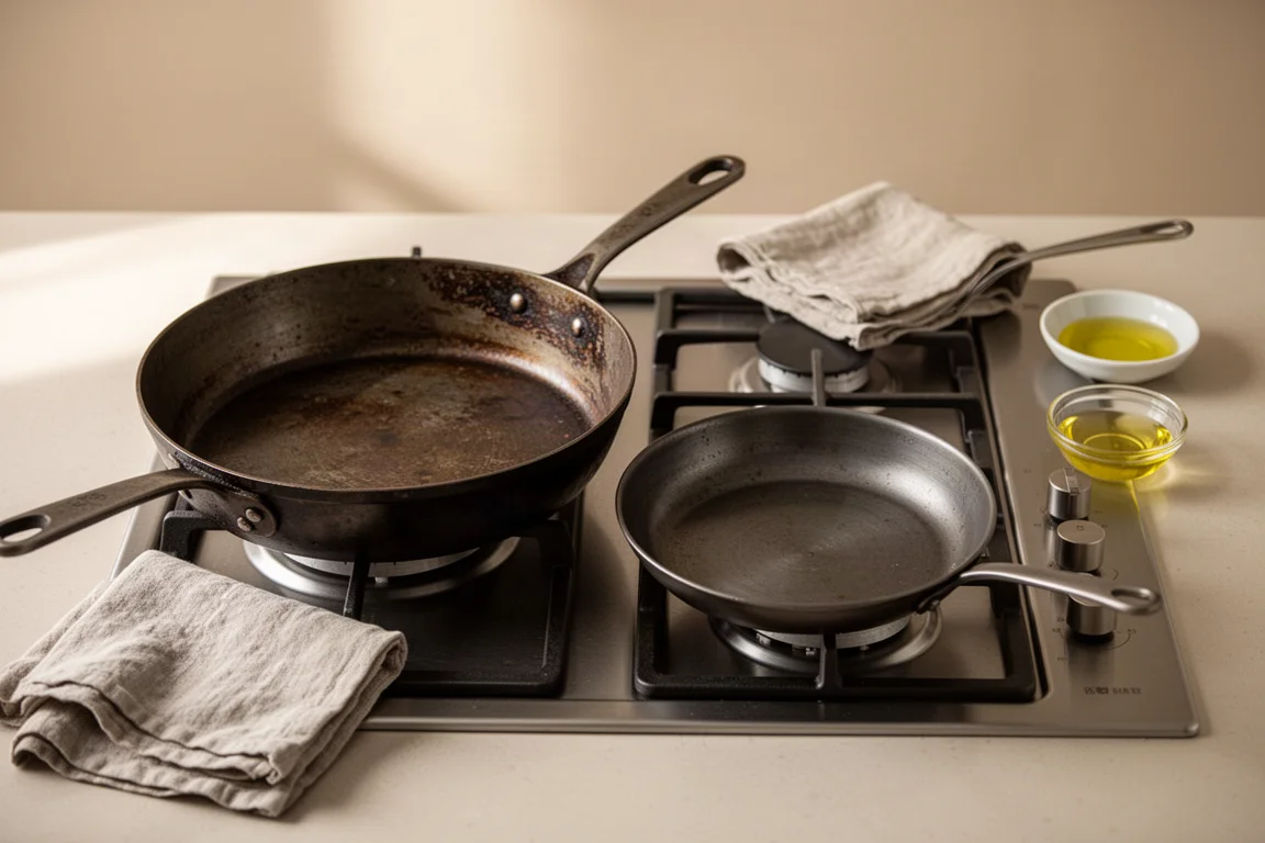 Gjutjärns- och kolstålspannor sida vid sida på ett rustikt köksbord