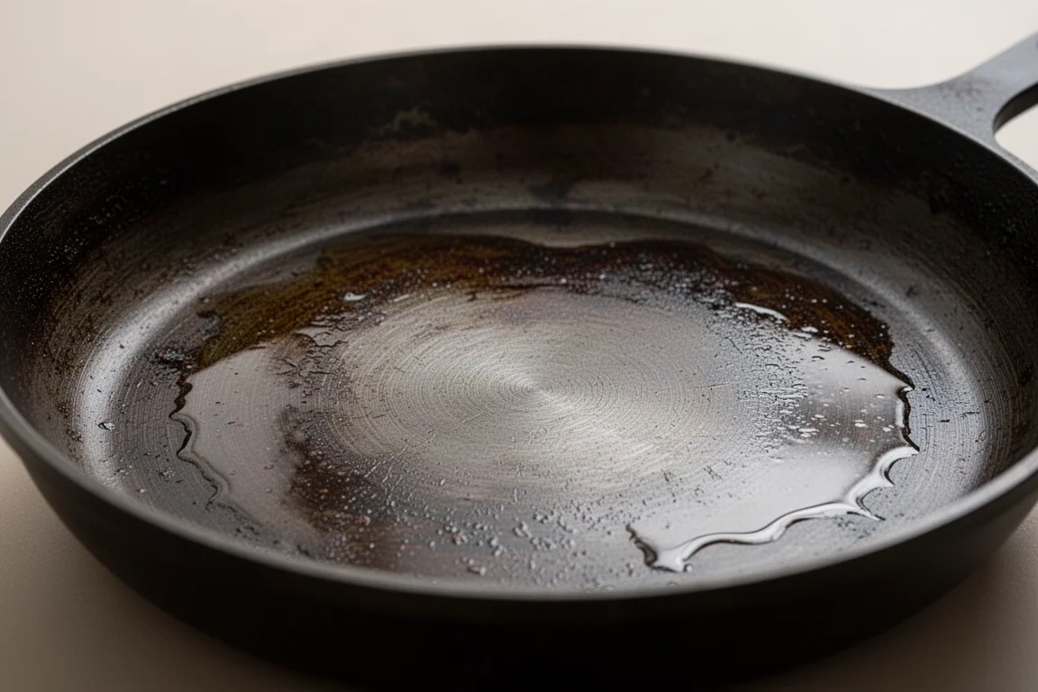 En välingsnad mörk patina som bildas på en pannans tillagningSyta