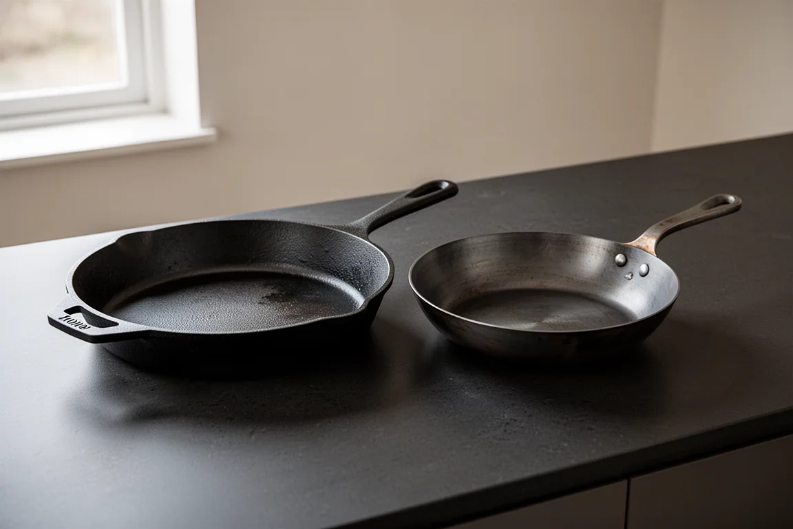 Cast iron skillet and carbon steel frying pan side by side on a dark counter