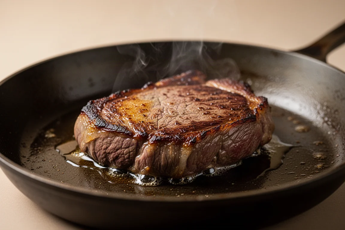 Steak entwickelt in einer heißen Pfanne eine tiefbraune Kruste