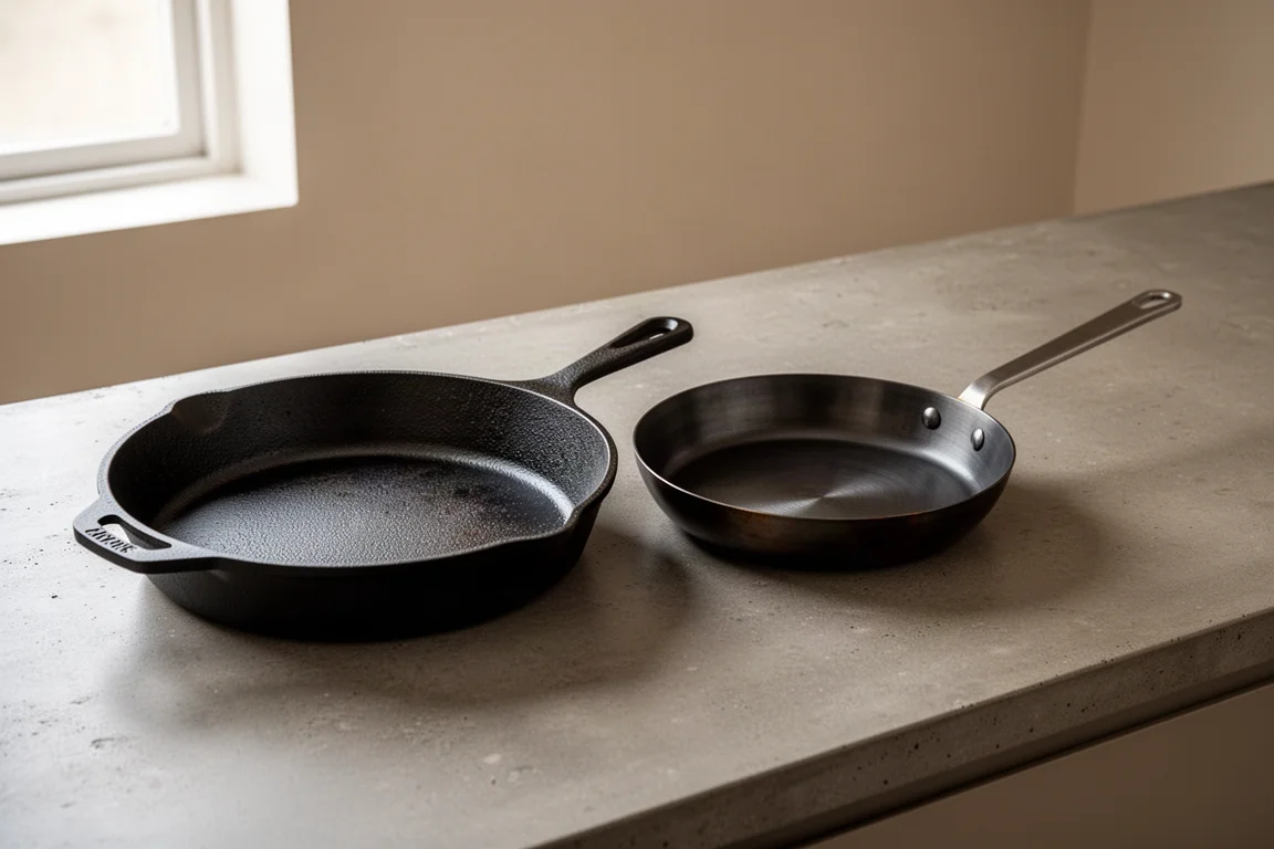 Cast iron skillet and carbon steel skillet side by side on a concrete counter