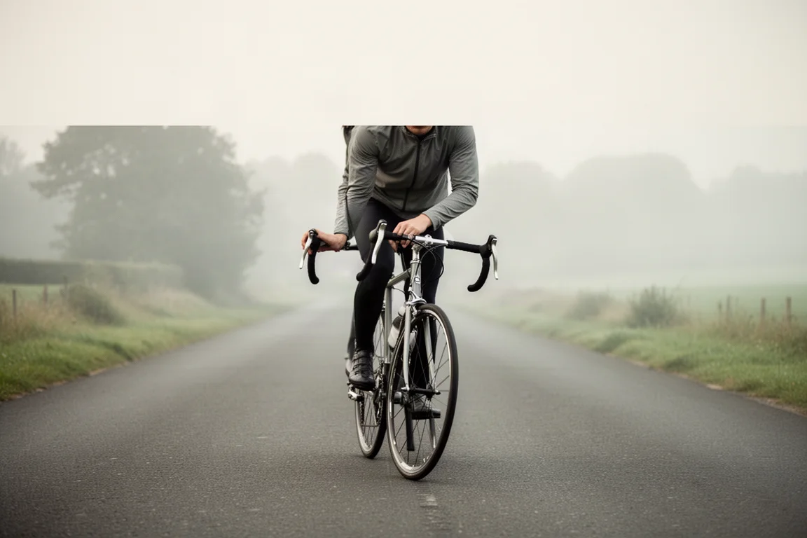 Ciclista rodando sobre las manetas en una carretera plana de campo con suave niebla matinal