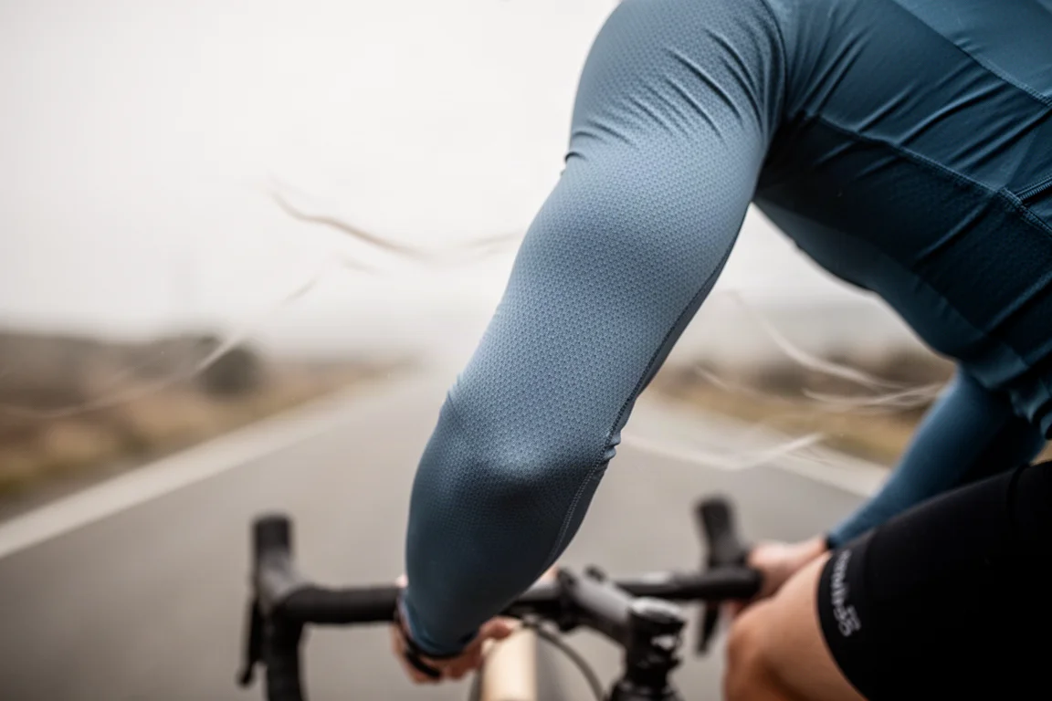 Primer plano de la tela técnica ajustada de un maillot sobre el hombro de un ciclista en la bicicleta