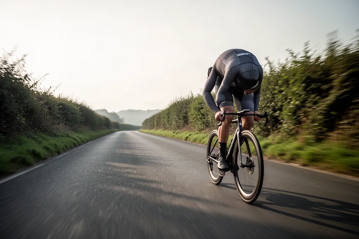 Cycliste sur route roulant bas sur le guidon sur une route ouverte et tranquille dans la lumière de fin d'après-midi