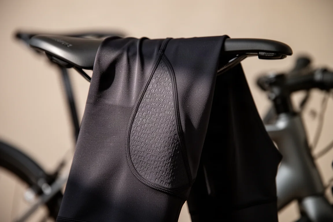 Gros plan sur le panneau latéral texturé d'un cuissard de cyclisme noir posé sur une selle de vélo