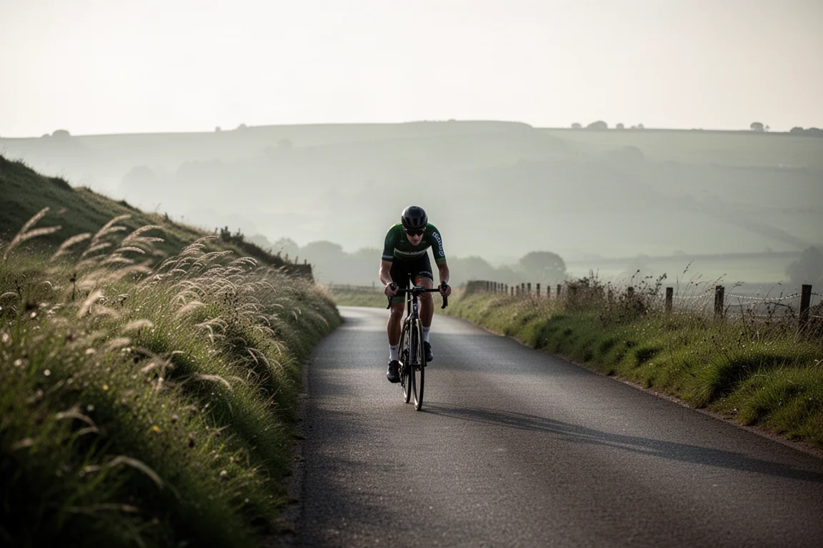 Cycliste solitaire gravissant une route de campagne étroite par un après-midi venteux aux longues ombres