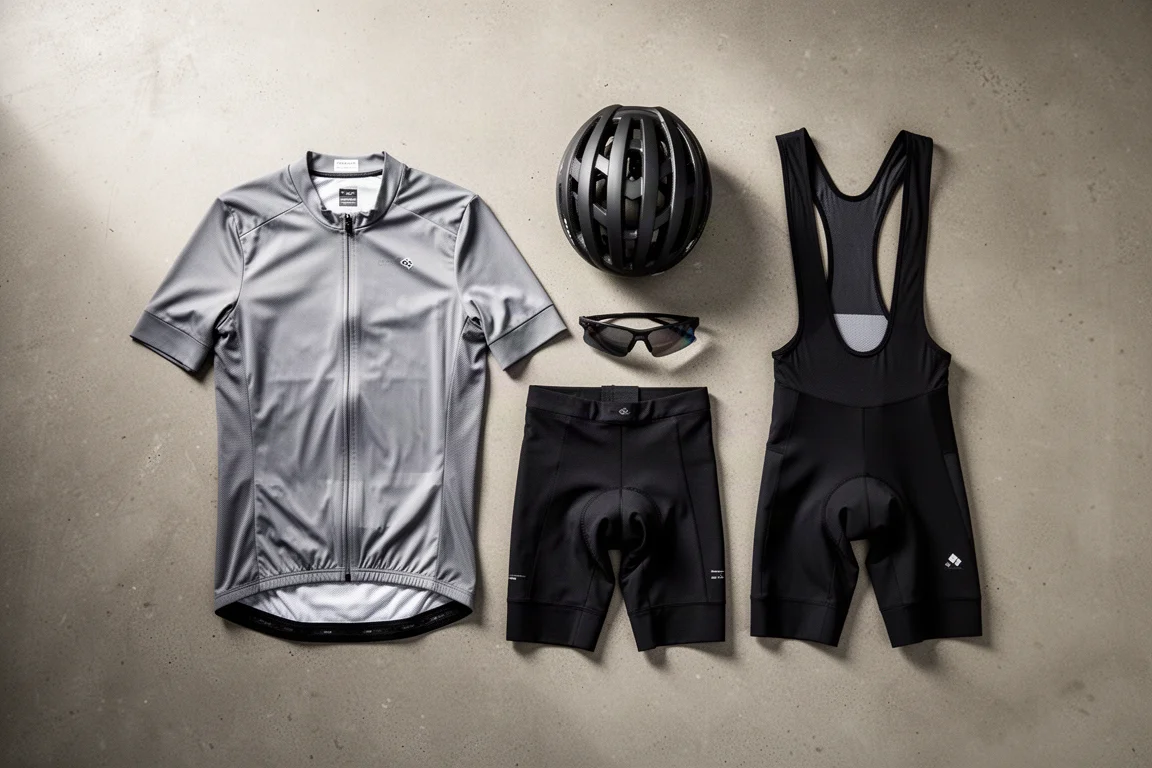 Vue à plat de l'équipement de cyclisme, casque et lunettes de soleil disposés sur du béton mat