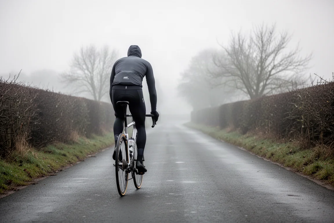 Ciclista con una chaqueta ligera rodando por una carretera rural con niebla al amanecer