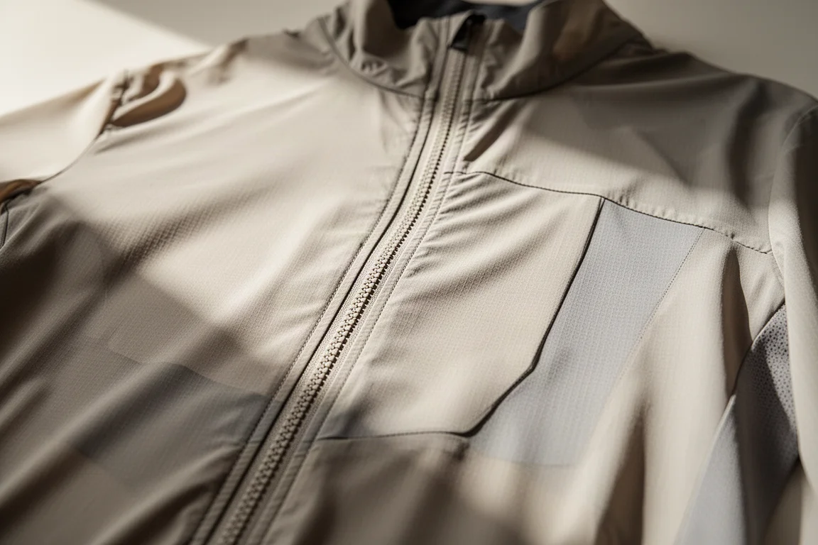 Primer plano del frontal de una chaqueta de ciclismo con gotas de agua repeliéndose en el tejido