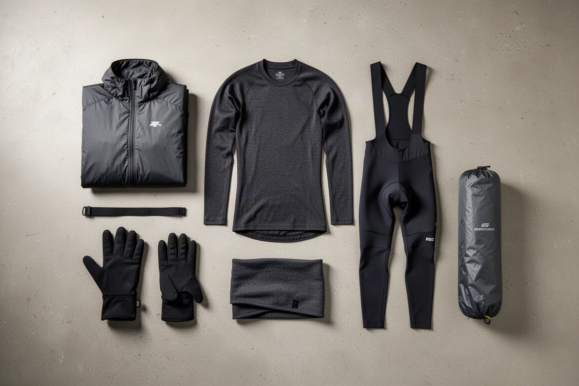 Vista cenital de capas de ciclismo de invierno: chaqueta, culote, guantes y cubrezapatillas