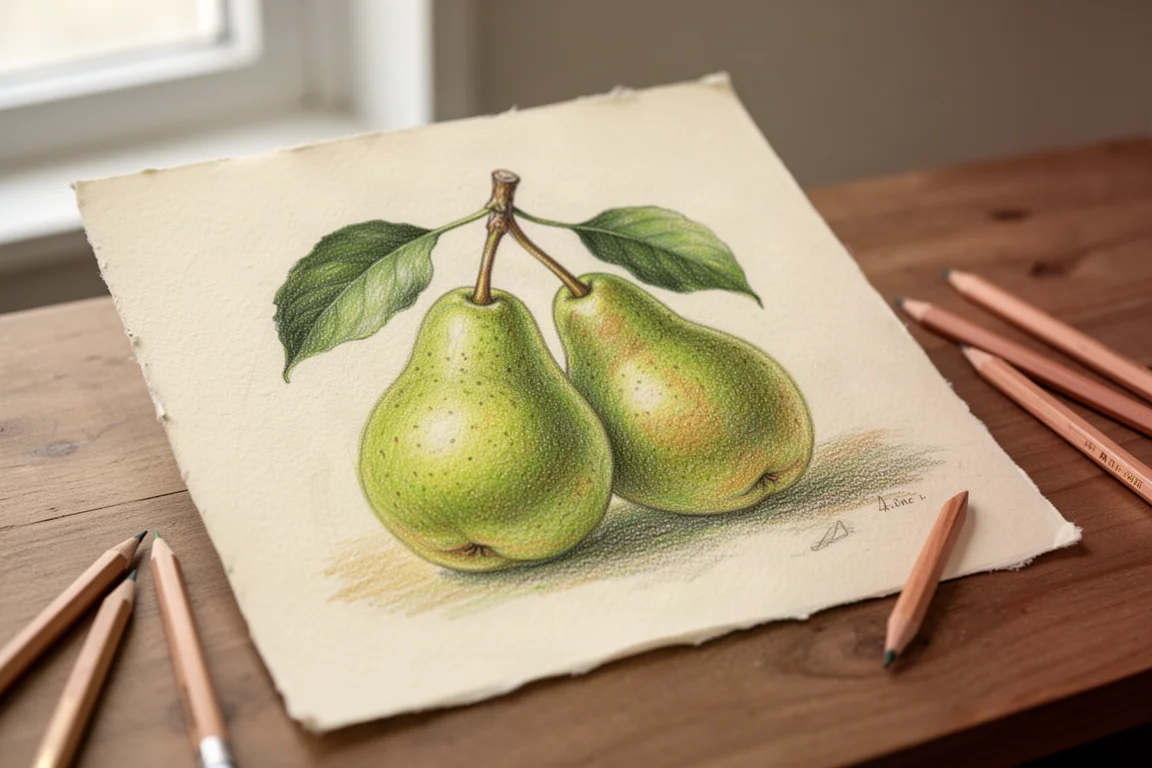 Ein botanisches Stillleben mit Birnen, gezeichnet mit Buntstiften auf texturiertem, lichtechtem Papier