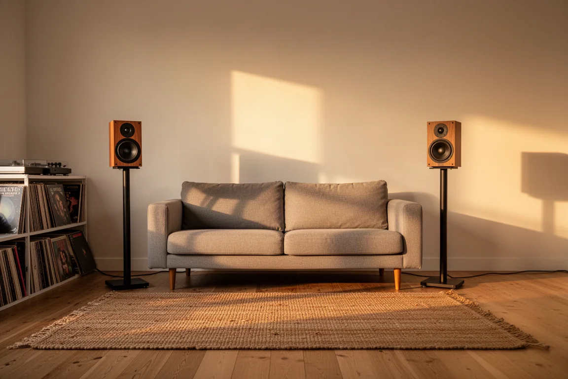 Pair of stand-mount speakers on tall stands in a warm living room with records nearby