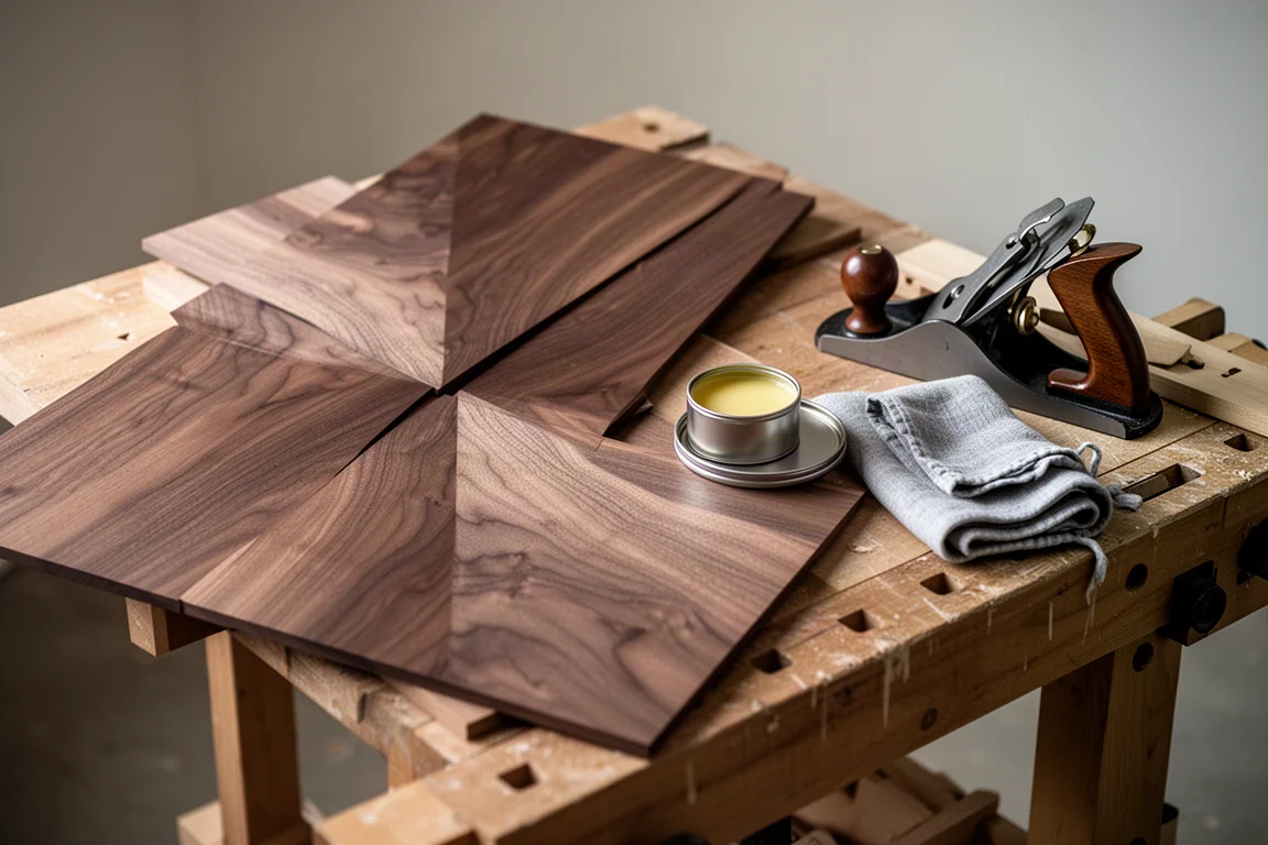 Book-matched walnut veneer panels and hand tools on a workshop bench