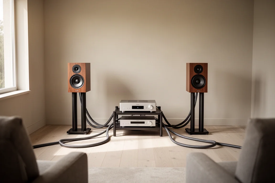 Listening room with speakers pulled out from the wall and an amplifier on a rack