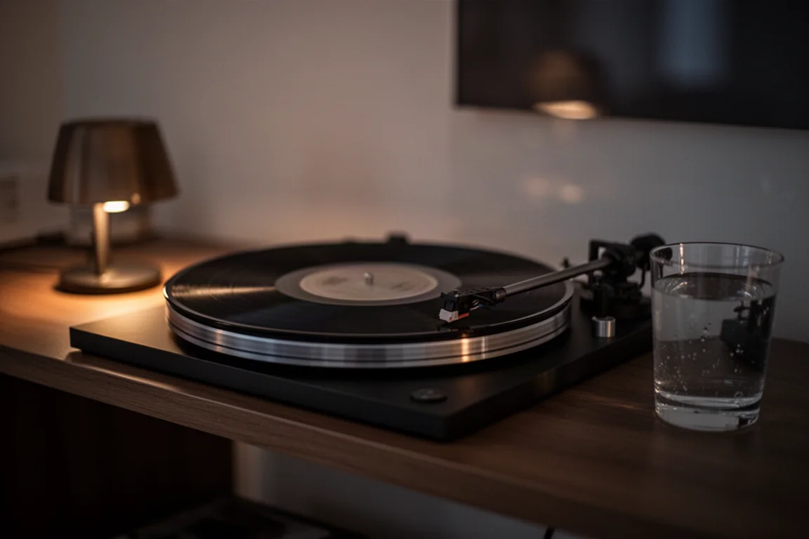 Evening listening scene with a record spinning and warm lamp light