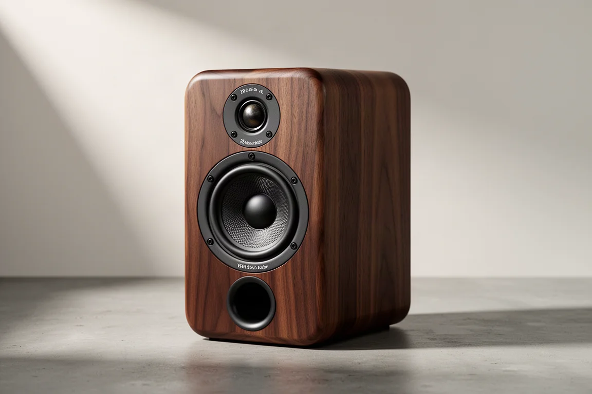 Castle Windsor Earl stand-mount speaker with walnut veneer cabinet on concrete surface