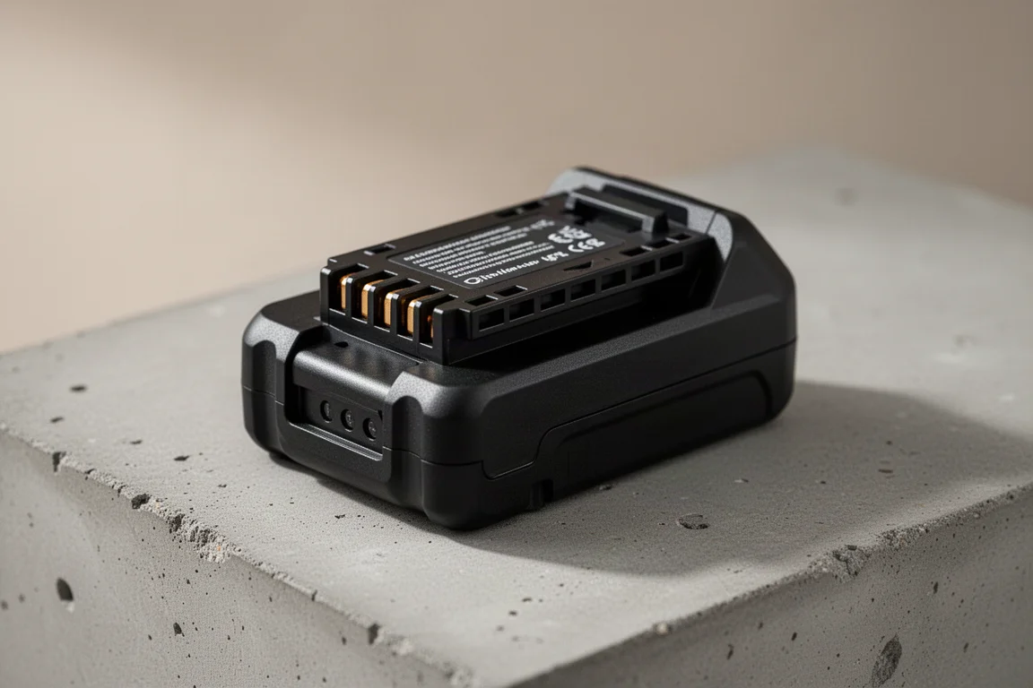 Närbild av ett skjutbart batteripaket för elverktyg på en betongyta