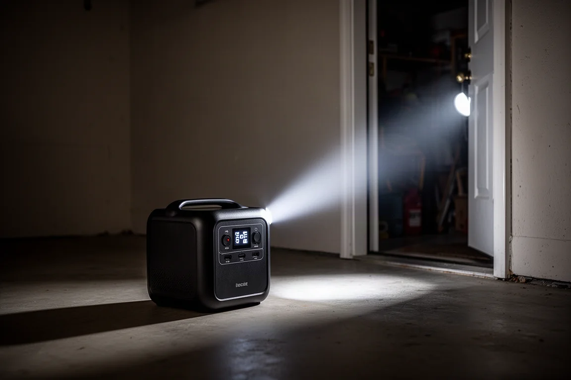 Lanterna embutida em uma estação de energia portátil iluminando a entrada escura de uma garagem
