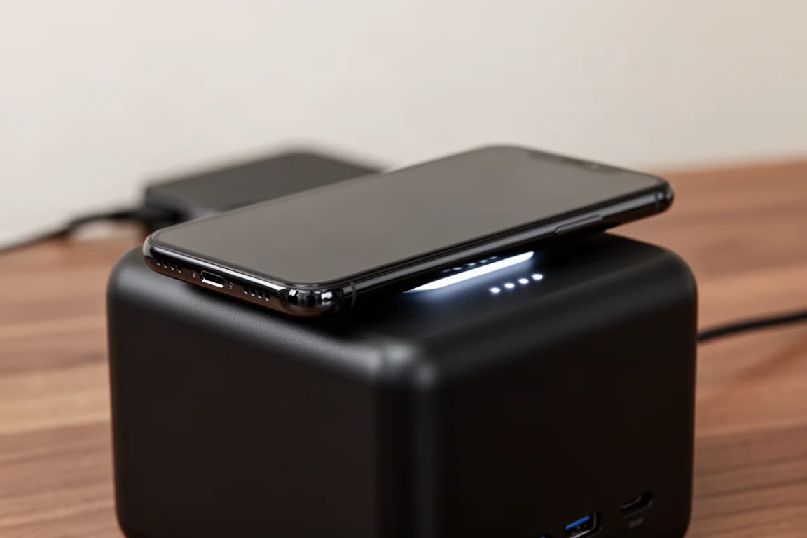 Celular carregando sem fio sobre uma estação de energia compacta