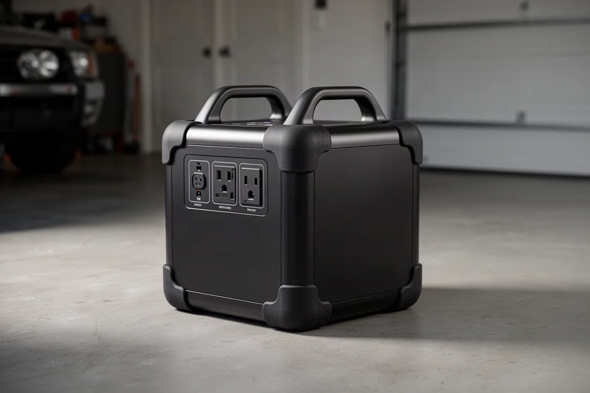 Estação de energia portátil compacta em formato de cubo preto no chão de uma garagem