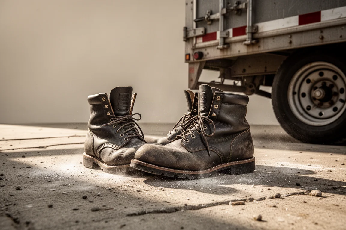 Work boots resting on concrete next to a work trailer in daylight