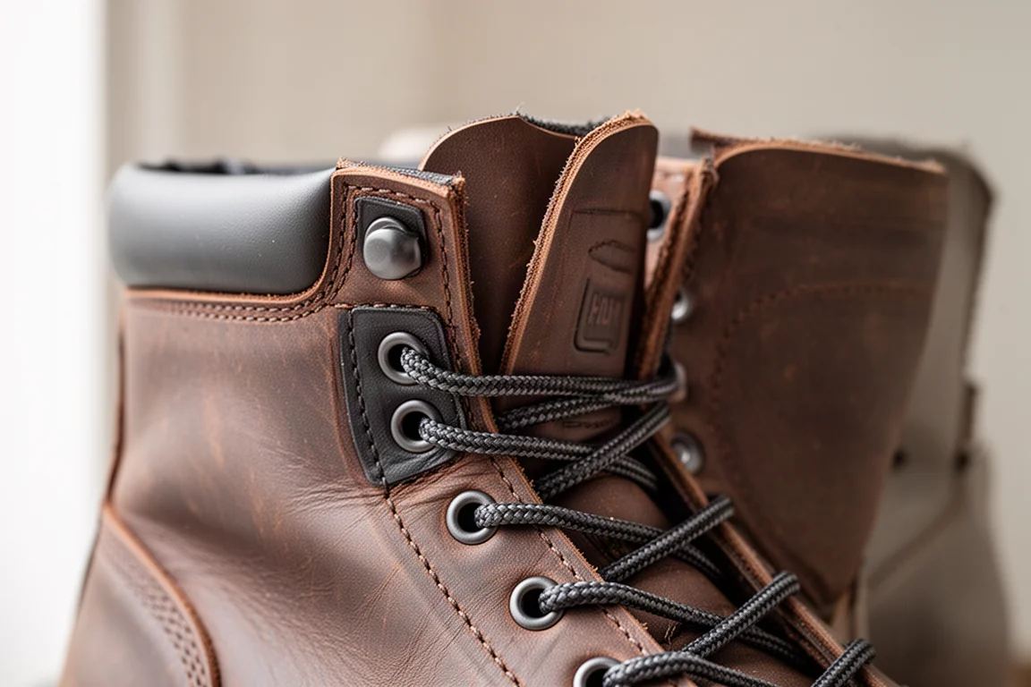 Close-up of leather boot upper with nylon eyelets and laces