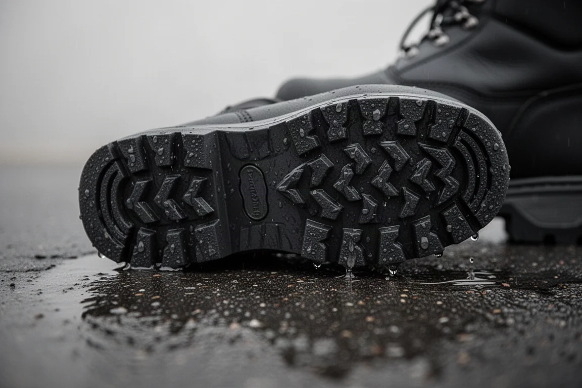 Close-up of a lugged boot outsole gripping wet pavement