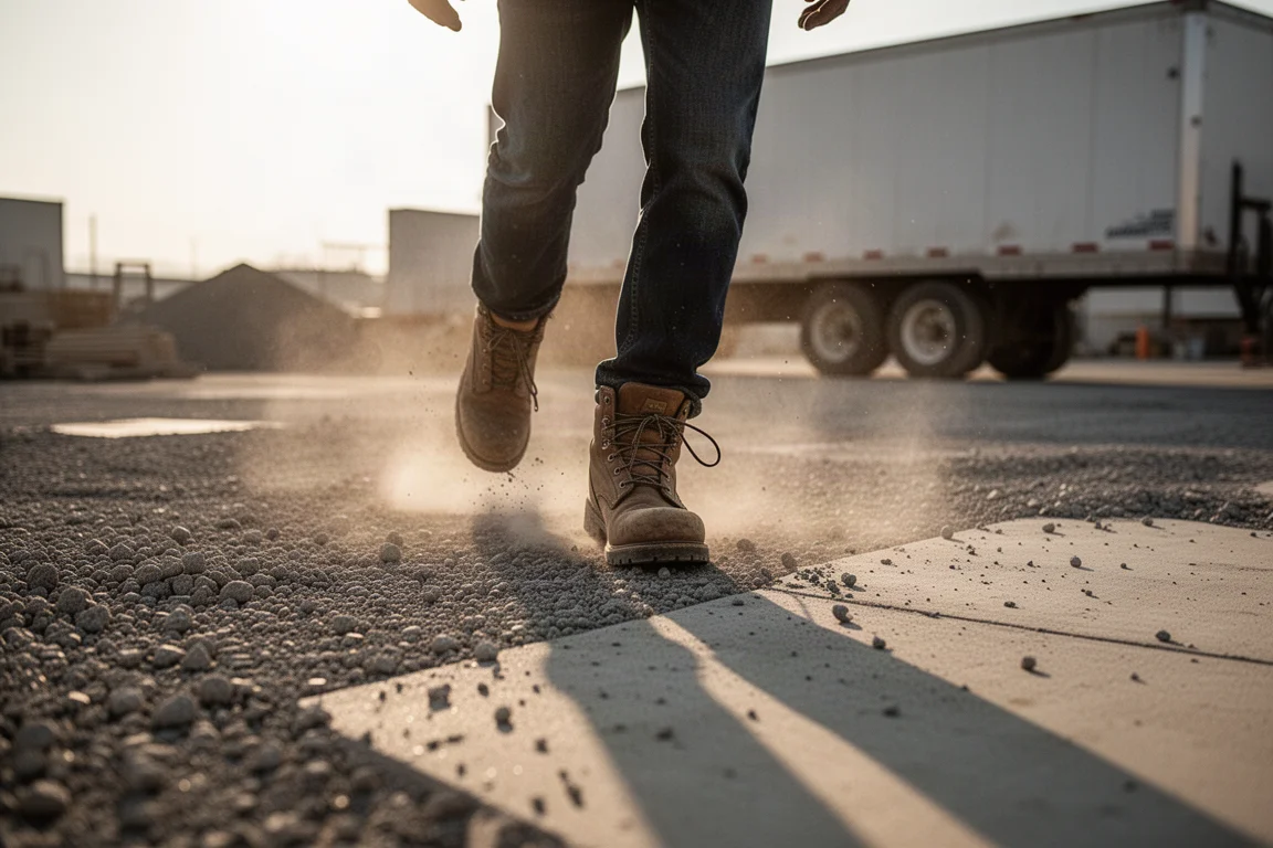 Worker walking across a yard in work boots during golden hour